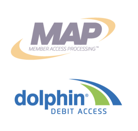 Two logos: the top one features "MAP" with the tagline "Member Access Processing," and the bottom one shows "dolphin" with "Debit Access."