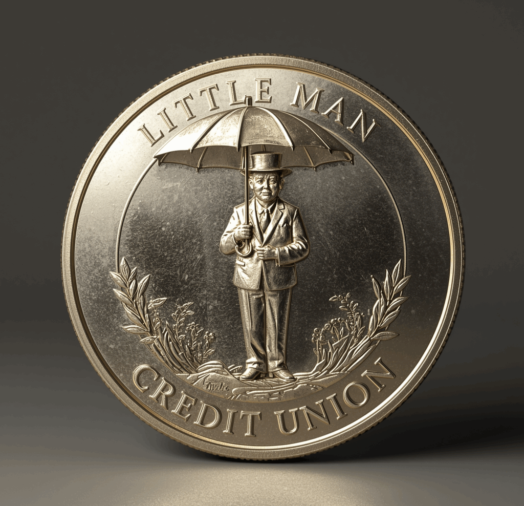 A shiny coin featuring a man in a suit holding an umbrella, surrounded by decorative foliage, labeled "Little Man Credit Union."